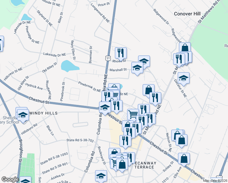 map of restaurants, bars, coffee shops, grocery stores, and more near 2170 Columbia Road Northeast in Orangeburg