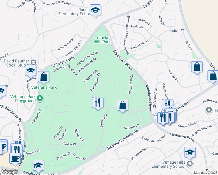 map of restaurants, bars, coffee shops, grocery stores, and more near 31458 Inverness Court in Temecula