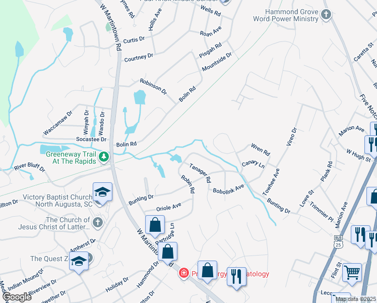 map of restaurants, bars, coffee shops, grocery stores, and more near 1926 Robin Road in North Augusta