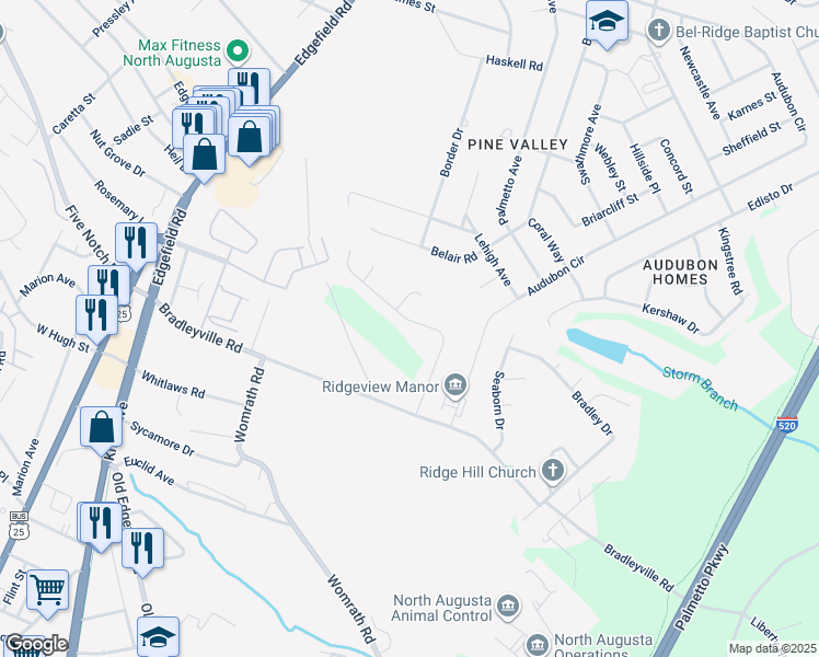 map of restaurants, bars, coffee shops, grocery stores, and more near 340 Carriage Lane in North Augusta