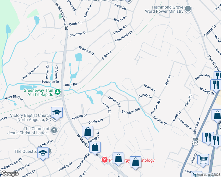 map of restaurants, bars, coffee shops, grocery stores, and more near 1926 Robin Road in North Augusta