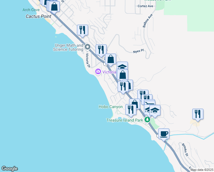map of restaurants, bars, coffee shops, grocery stores, and more near 18 Lagunita Drive in Laguna Beach