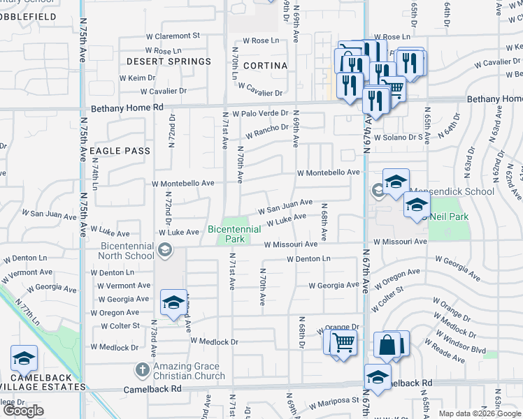 map of restaurants, bars, coffee shops, grocery stores, and more near 6939 West San Miguel Avenue in Glendale