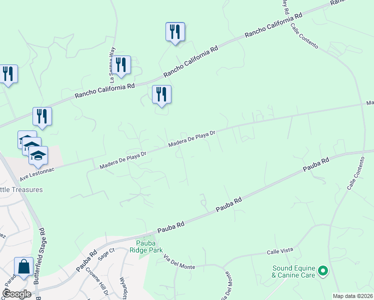 map of restaurants, bars, coffee shops, grocery stores, and more near 33302 Madera De Playa Drive in Temecula