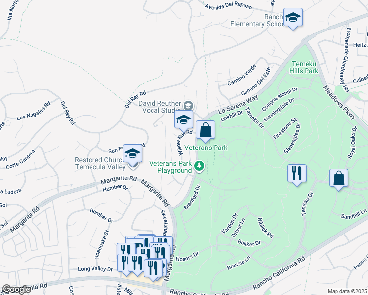 map of restaurants, bars, coffee shops, grocery stores, and more near 41440 Willow Run Road in Temecula