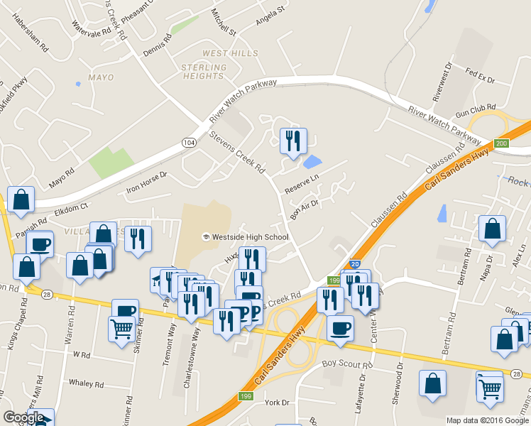 map of restaurants, bars, coffee shops, grocery stores, and more near 1017 Stevens Creek Road in Augusta
