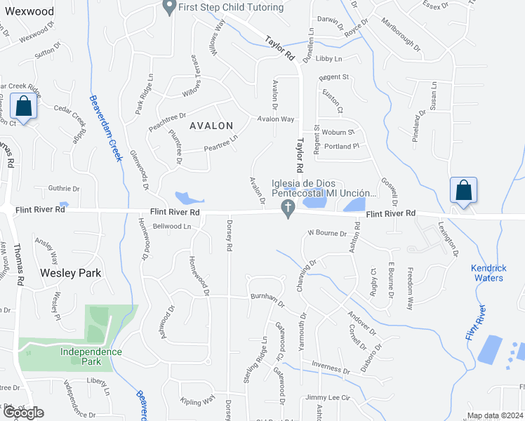 map of restaurants, bars, coffee shops, grocery stores, and more near 41 Flint River Road in Riverdale