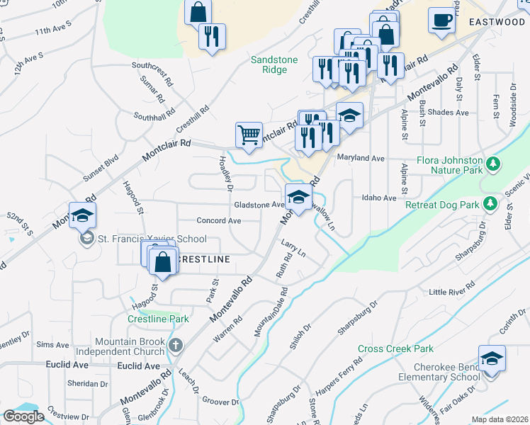 map of restaurants, bars, coffee shops, grocery stores, and more near 1272 Gladstone Avenue in Birmingham