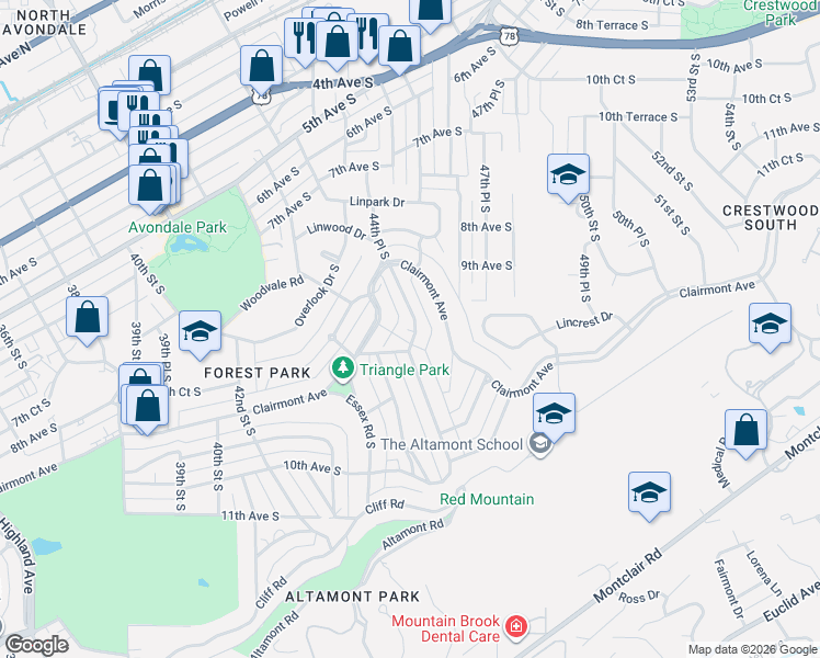 map of restaurants, bars, coffee shops, grocery stores, and more near 733 Linwood Road in Birmingham