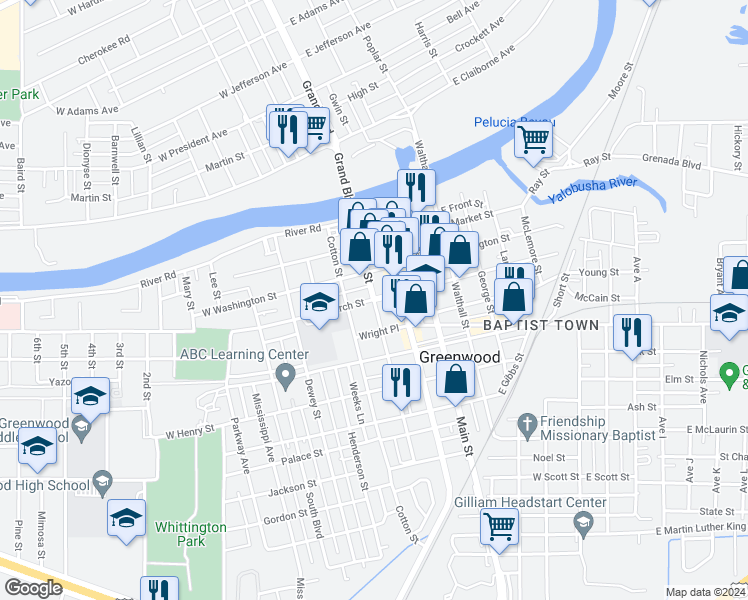 map of restaurants, bars, coffee shops, grocery stores, and more near 298 West Church Street in Greenwood