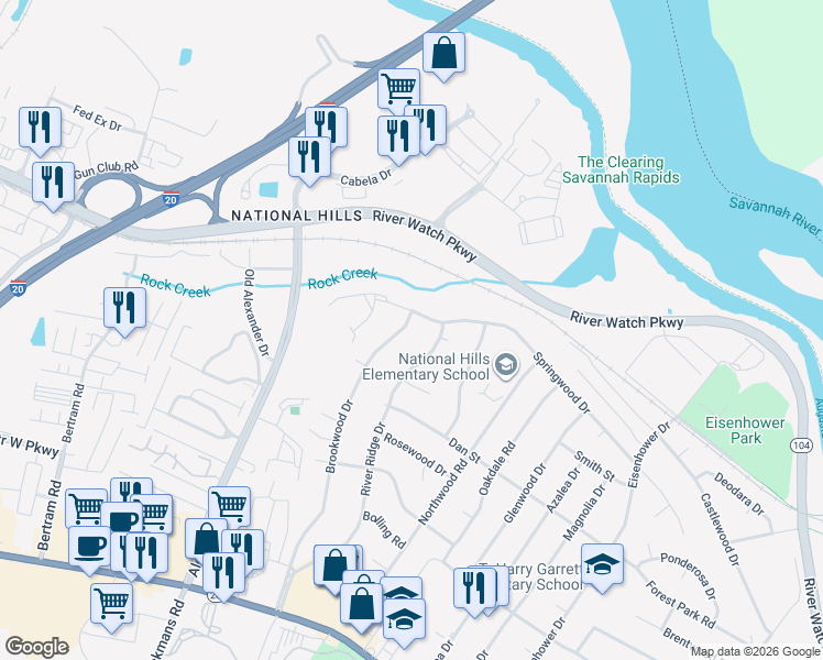 map of restaurants, bars, coffee shops, grocery stores, and more near 1140 Brookwood Drive in Augusta