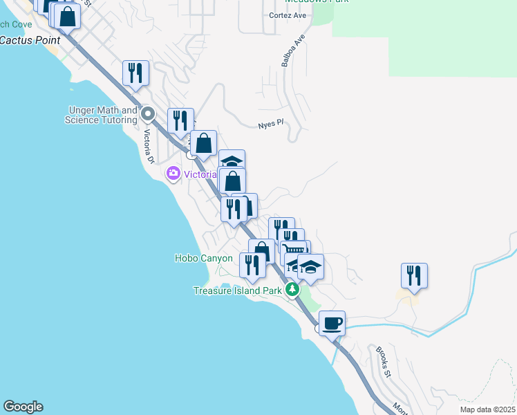 map of restaurants, bars, coffee shops, grocery stores, and more near 30802 Coast Highway in Laguna Beach