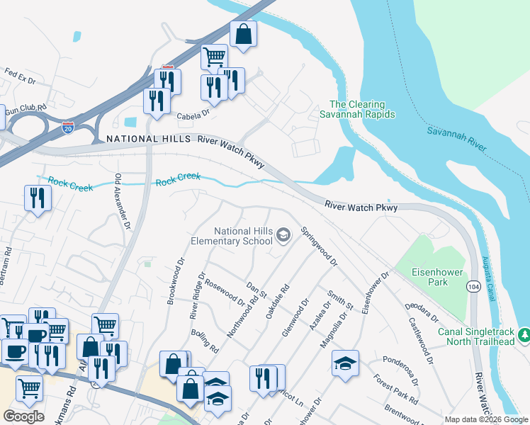 map of restaurants, bars, coffee shops, grocery stores, and more near 1227 Wood Valley Road in Augusta