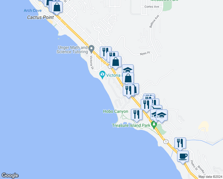map of restaurants, bars, coffee shops, grocery stores, and more near 18 Lagunita Drive in Laguna Beach