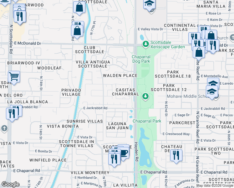 map of restaurants, bars, coffee shops, grocery stores, and more near 5654 North 78th Way in Scottsdale