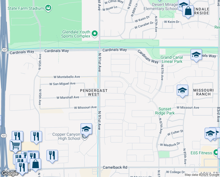 map of restaurants, bars, coffee shops, grocery stores, and more near 5804 North 90th Drive in Glendale