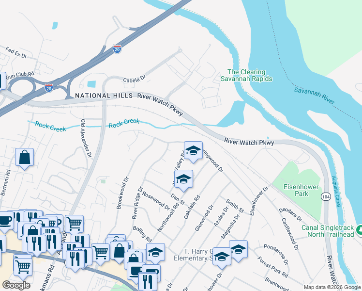 map of restaurants, bars, coffee shops, grocery stores, and more near 2719 Springwood Drive in Augusta