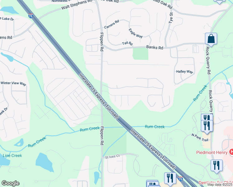 map of restaurants, bars, coffee shops, grocery stores, and more near 107 Dustin Drive in Stockbridge