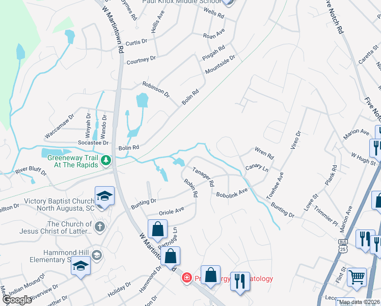 map of restaurants, bars, coffee shops, grocery stores, and more near 1926 Robin Road in North Augusta