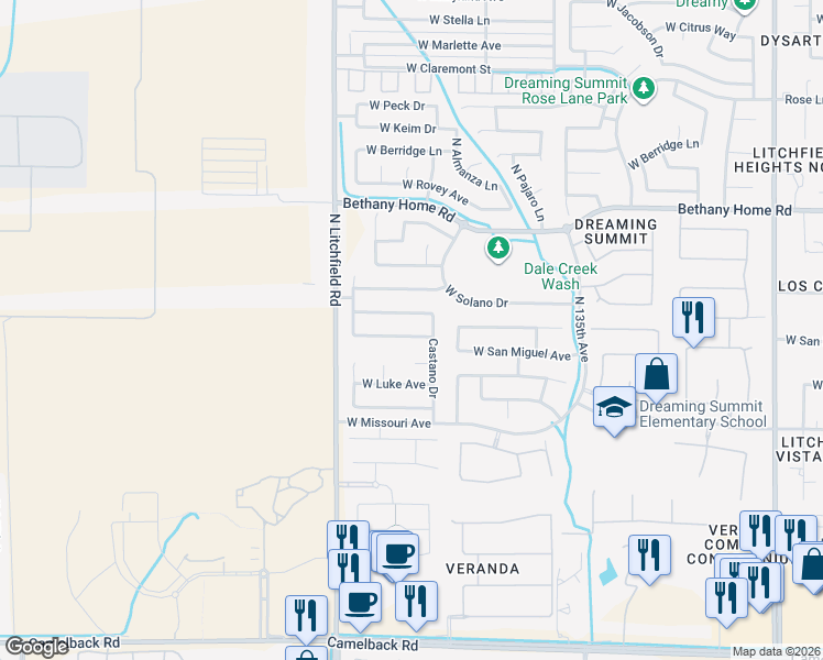 map of restaurants, bars, coffee shops, grocery stores, and more near 13714 West Montebello Avenue in Litchfield Park