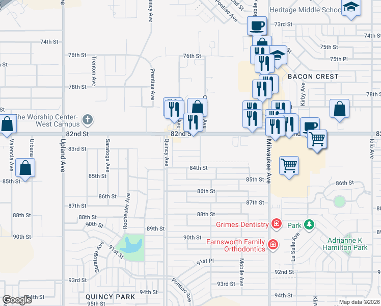 map of restaurants, bars, coffee shops, grocery stores, and more near 6810 83rd Street in Lubbock