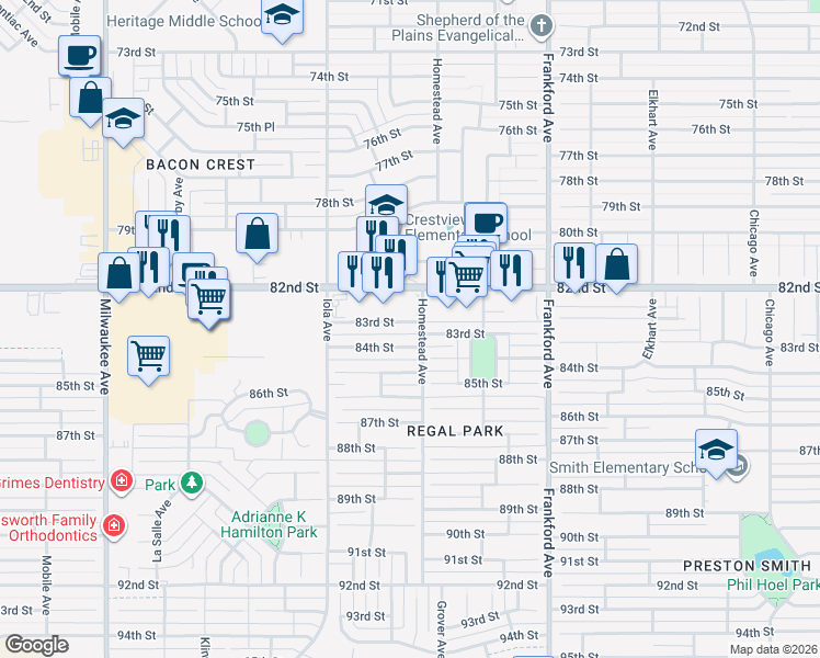 map of restaurants, bars, coffee shops, grocery stores, and more near 6001 Homestead Avenue in Lubbock
