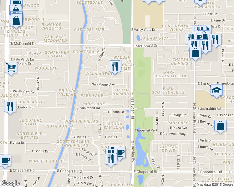 map of restaurants, bars, coffee shops, grocery stores, and more near 7921 East San Miguel Avenue in Scottsdale