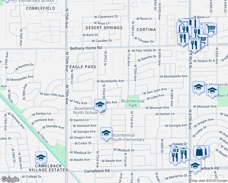 map of restaurants, bars, coffee shops, grocery stores, and more near 5622 North 72nd Avenue in Glendale