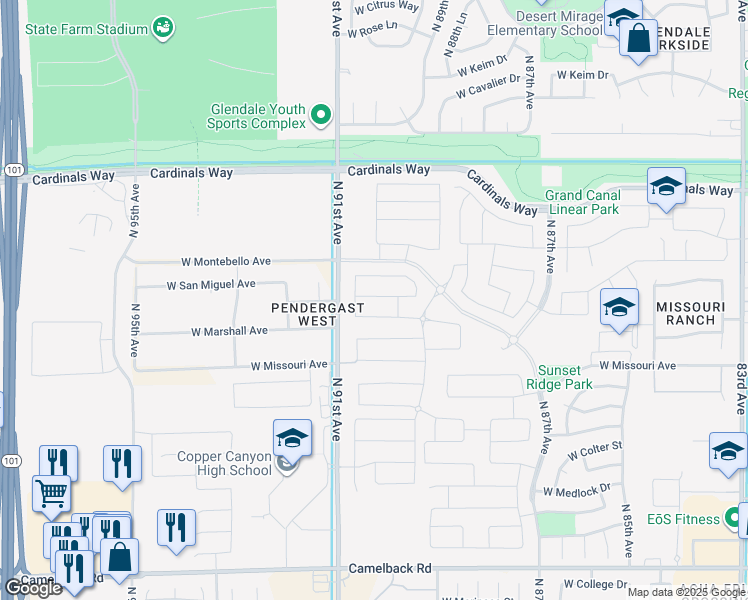 map of restaurants, bars, coffee shops, grocery stores, and more near 9041 West San Miguel Avenue in Glendale