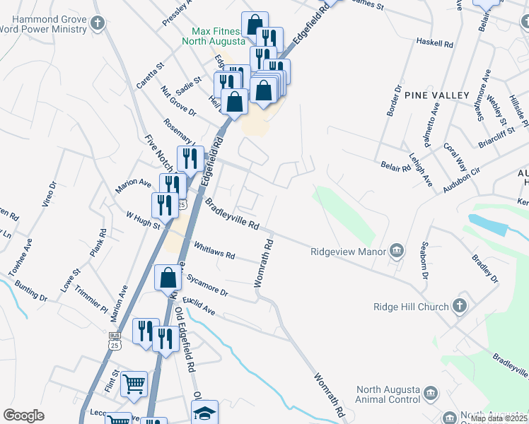 map of restaurants, bars, coffee shops, grocery stores, and more near 128 Chalet North Court in North Augusta