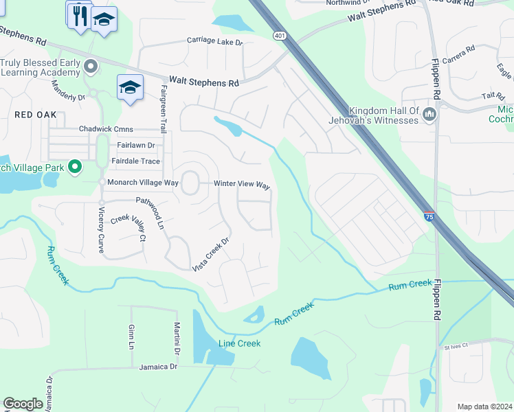 map of restaurants, bars, coffee shops, grocery stores, and more near 605 Applegate Lane in Stockbridge
