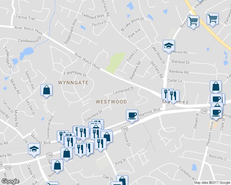 map of restaurants, bars, coffee shops, grocery stores, and more near 3645 Lynnwood Drive in Martinez