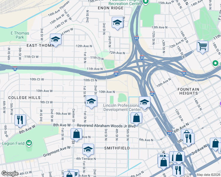 map of restaurants, bars, coffee shops, grocery stores, and more near 317 10th Court North in Birmingham