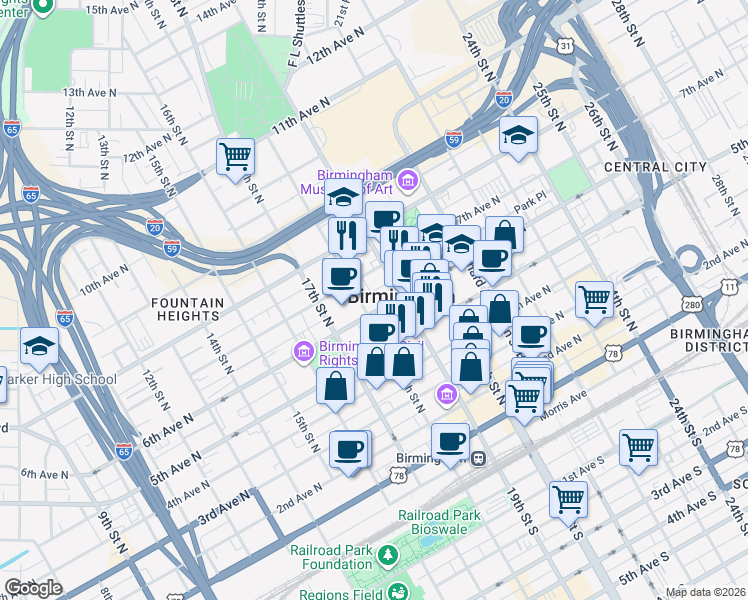 map of restaurants, bars, coffee shops, grocery stores, and more near 600 19th Street North in Birmingham