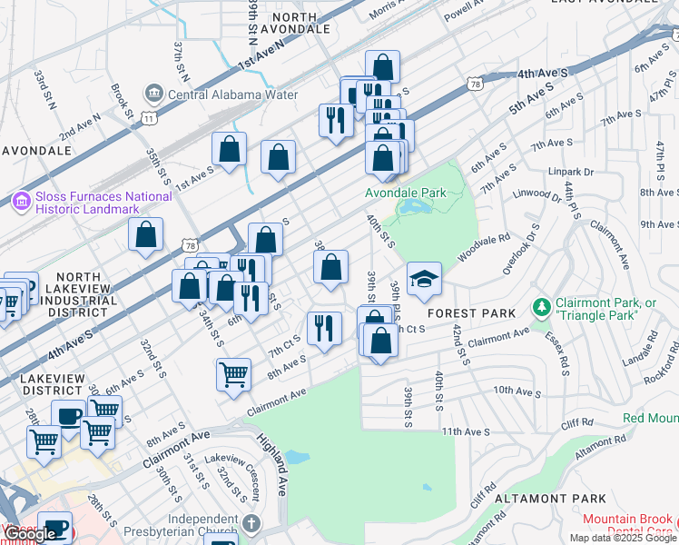 map of restaurants, bars, coffee shops, grocery stores, and more near 2738 6th Avenue South in Birmingham