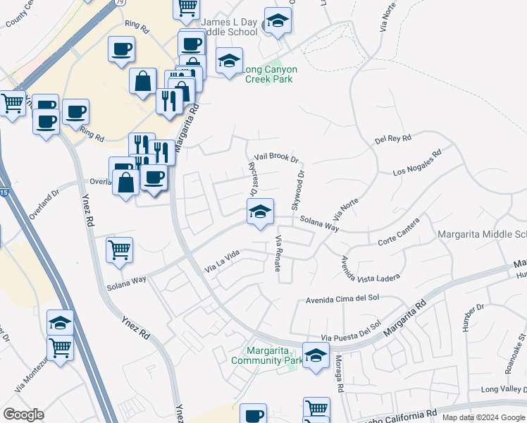 map of restaurants, bars, coffee shops, grocery stores, and more near 29751 Dawncrest Circle in Temecula