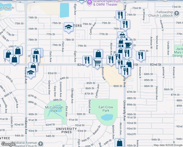 map of restaurants, bars, coffee shops, grocery stores, and more near 2703 82nd St in Lubbock