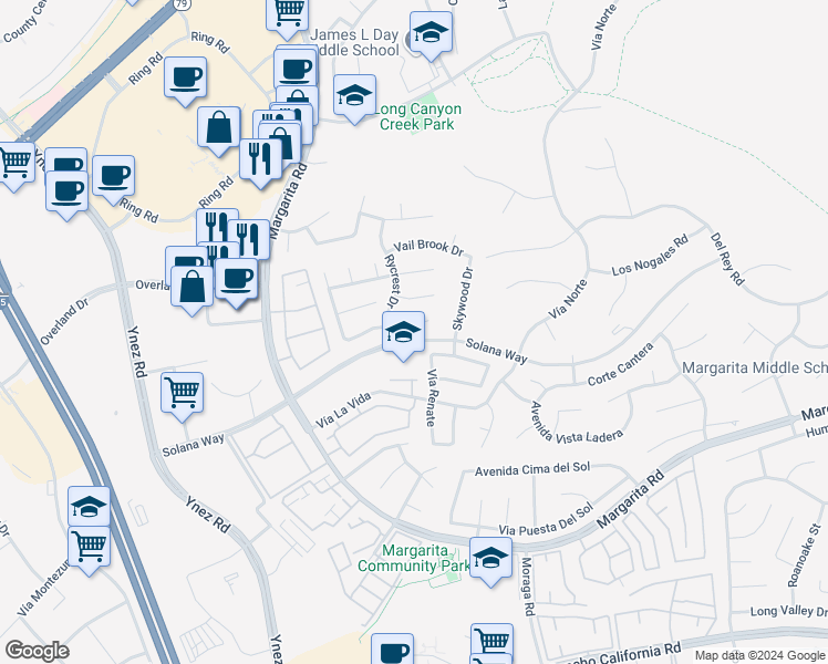 map of restaurants, bars, coffee shops, grocery stores, and more near 29763 Dawncrest Circle in Temecula
