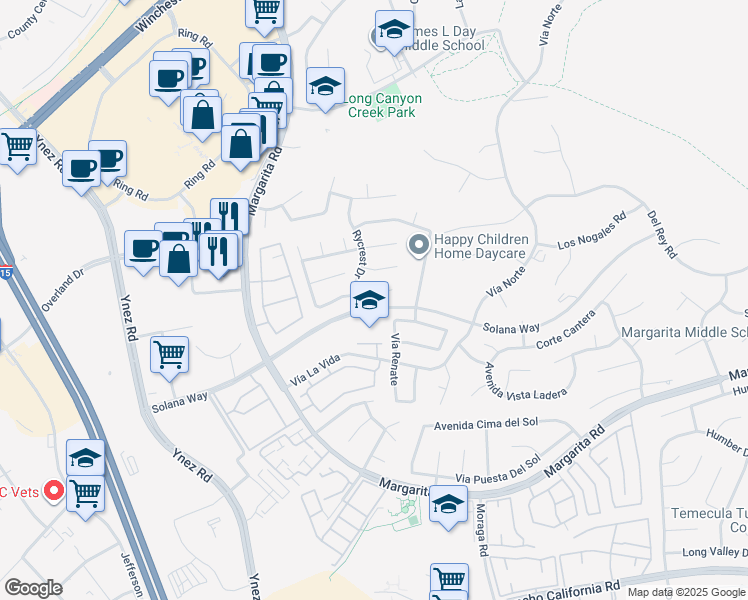 map of restaurants, bars, coffee shops, grocery stores, and more near 29751 Dawncrest Circle in Temecula