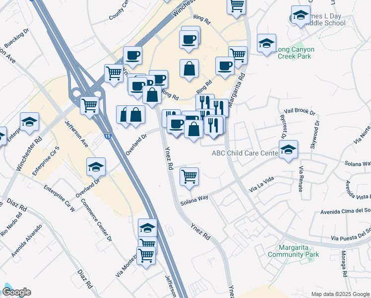map of restaurants, bars, coffee shops, grocery stores, and more near 41785 Nicole Lane in Temecula