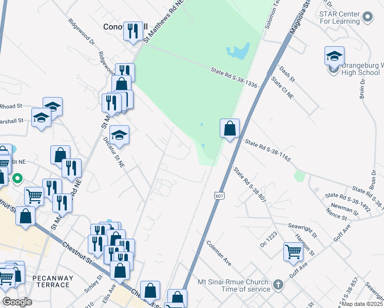 map of restaurants, bars, coffee shops, grocery stores, and more near 996 Chester Street in Orangeburg