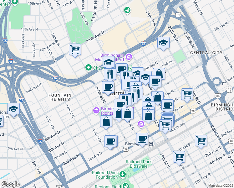 map of restaurants, bars, coffee shops, grocery stores, and more near in Birmingham