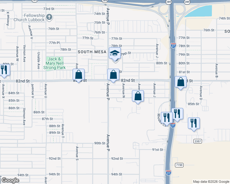 map of restaurants, bars, coffee shops, grocery stores, and more near 1508 83rd Street in Lubbock