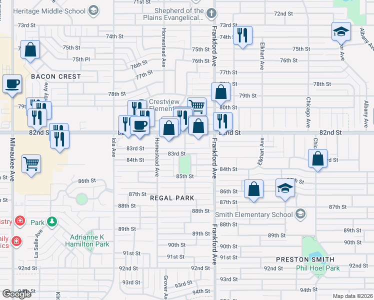 map of restaurants, bars, coffee shops, grocery stores, and more near 5821 82nd Street in Lubbock