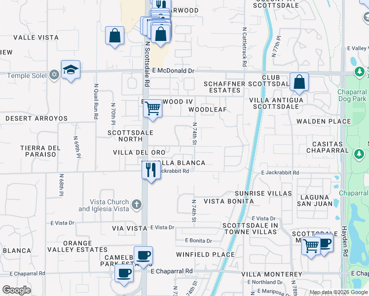 map of restaurants, bars, coffee shops, grocery stores, and more near 7328 East Laredo Lane in Scottsdale