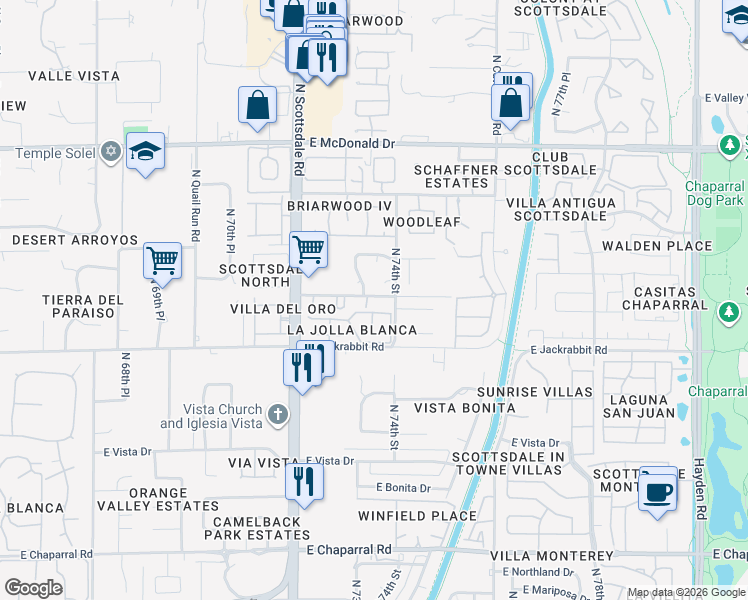 map of restaurants, bars, coffee shops, grocery stores, and more near 7328 East Laredo Lane in Scottsdale
