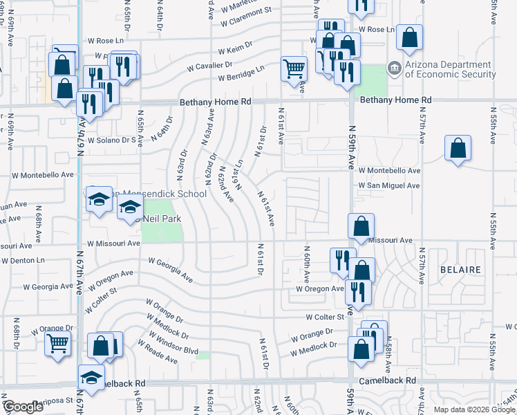 map of restaurants, bars, coffee shops, grocery stores, and more near 5601 North 61st Lane in Glendale