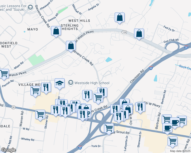 map of restaurants, bars, coffee shops, grocery stores, and more near 1017 Stevens Creek Road in Augusta