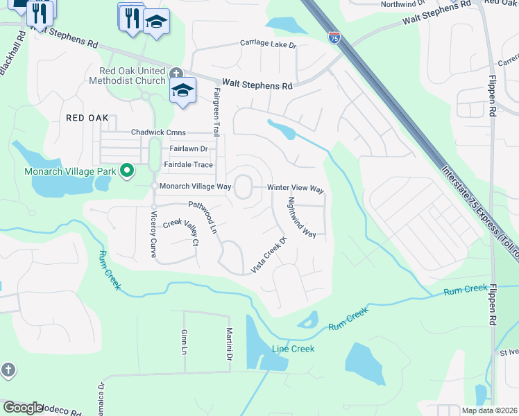 map of restaurants, bars, coffee shops, grocery stores, and more near 298 Monarch Village Way in Stockbridge