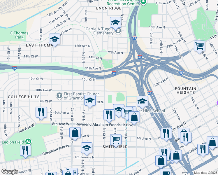 map of restaurants, bars, coffee shops, grocery stores, and more near 317 10th Court North in Birmingham
